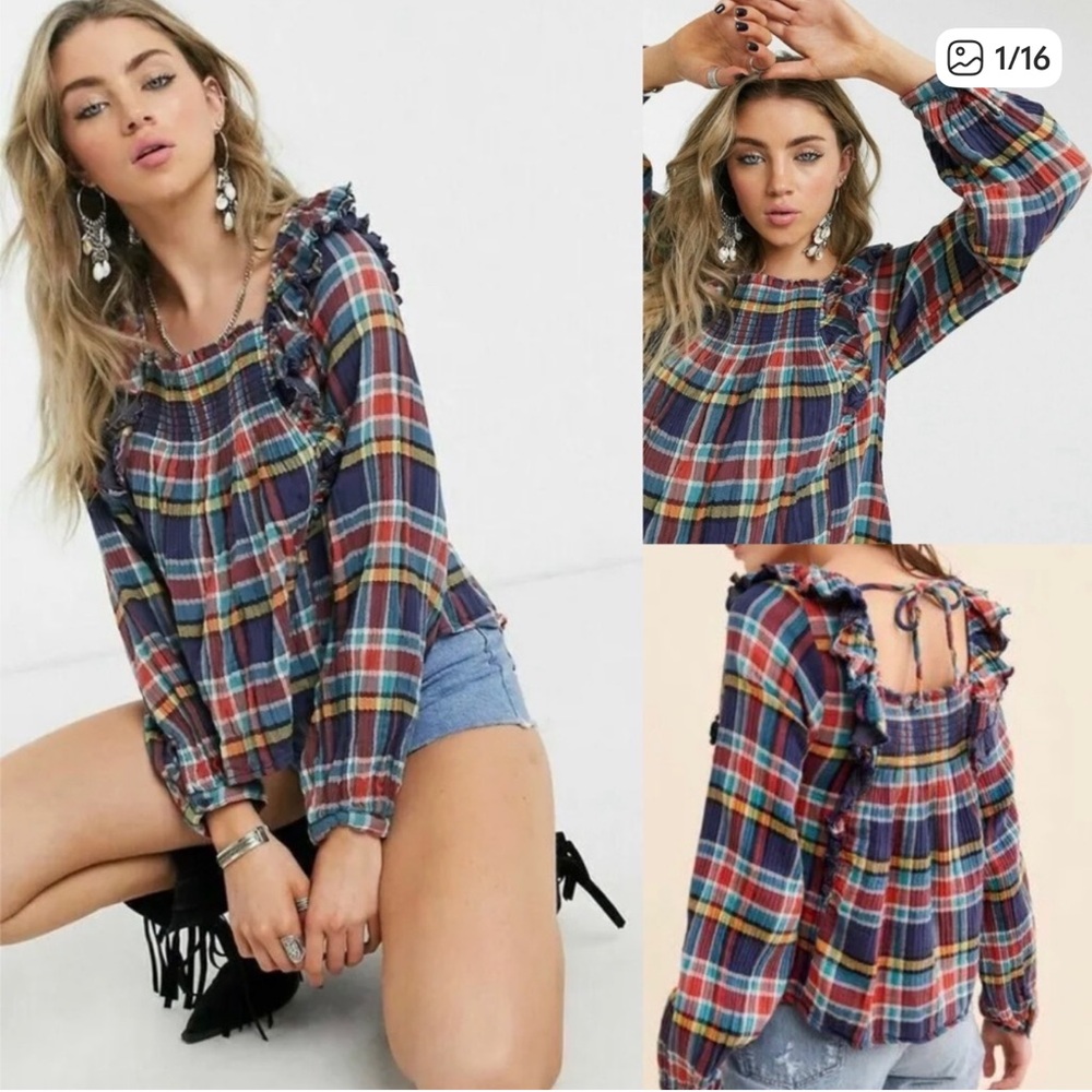 Free People siena Plaid ruffle Blouse